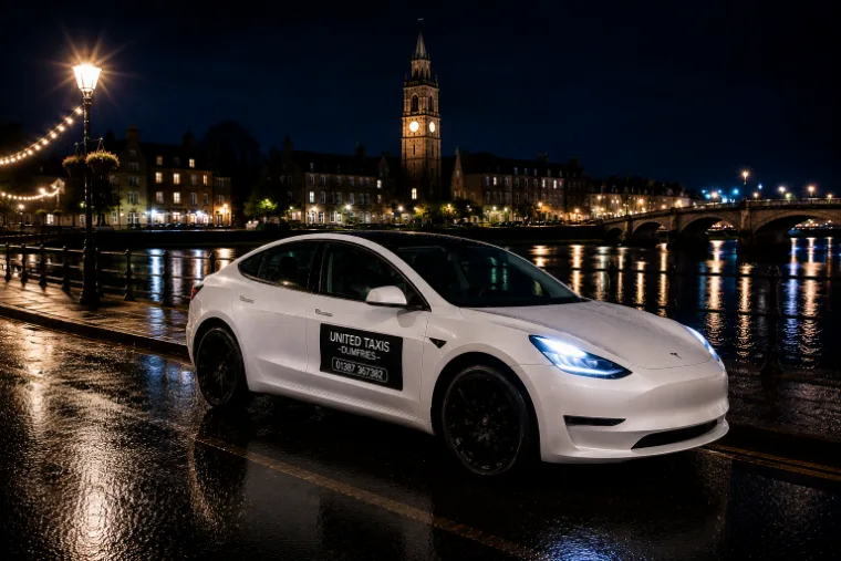 United Taxis Tesla in Dumfries at night